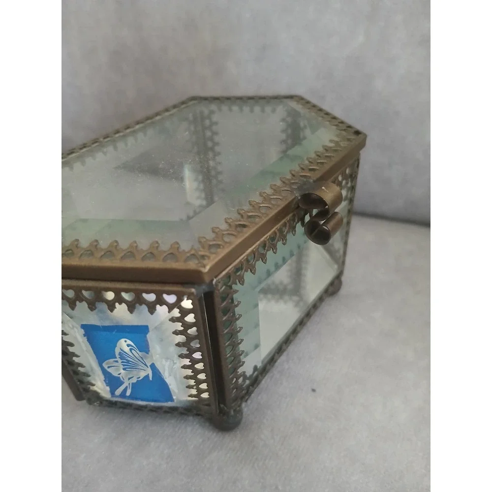 Vintage Beveled Glass Brass Hexagon Jewelry Box Butterfly Trinket Mirror Bottom